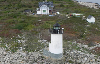A lighthouse sitting on top of rocks near some bushes.