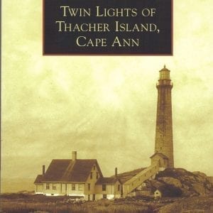 A book cover with a lighthouse and some houses