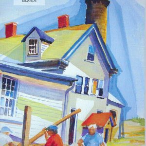 A painting of two men working on the roof of a house.