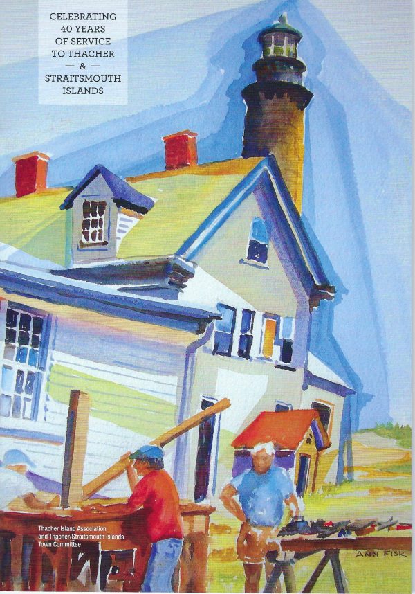 A painting of two men working on the roof of a house.