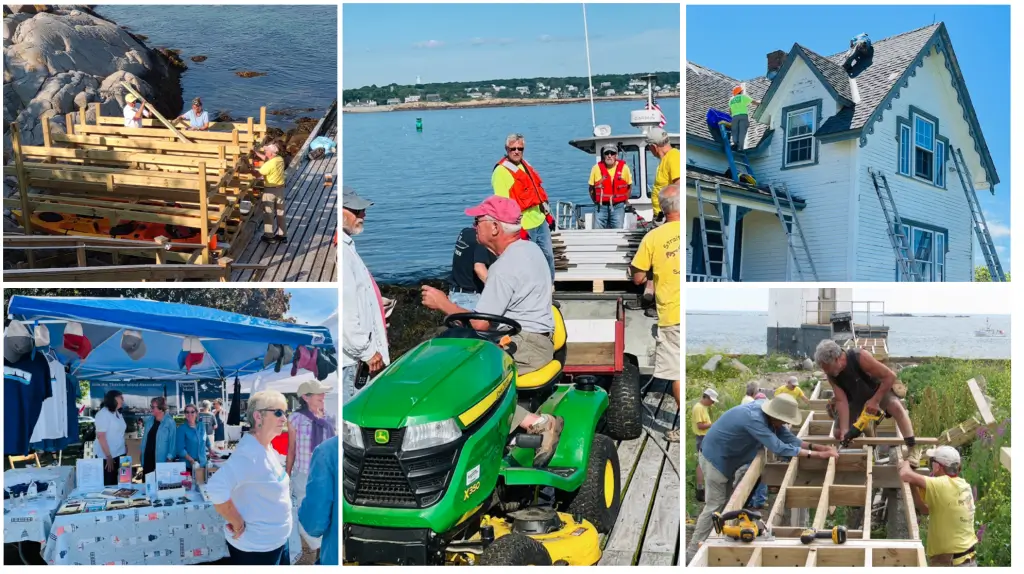 A collage of people working on boats and a dock.